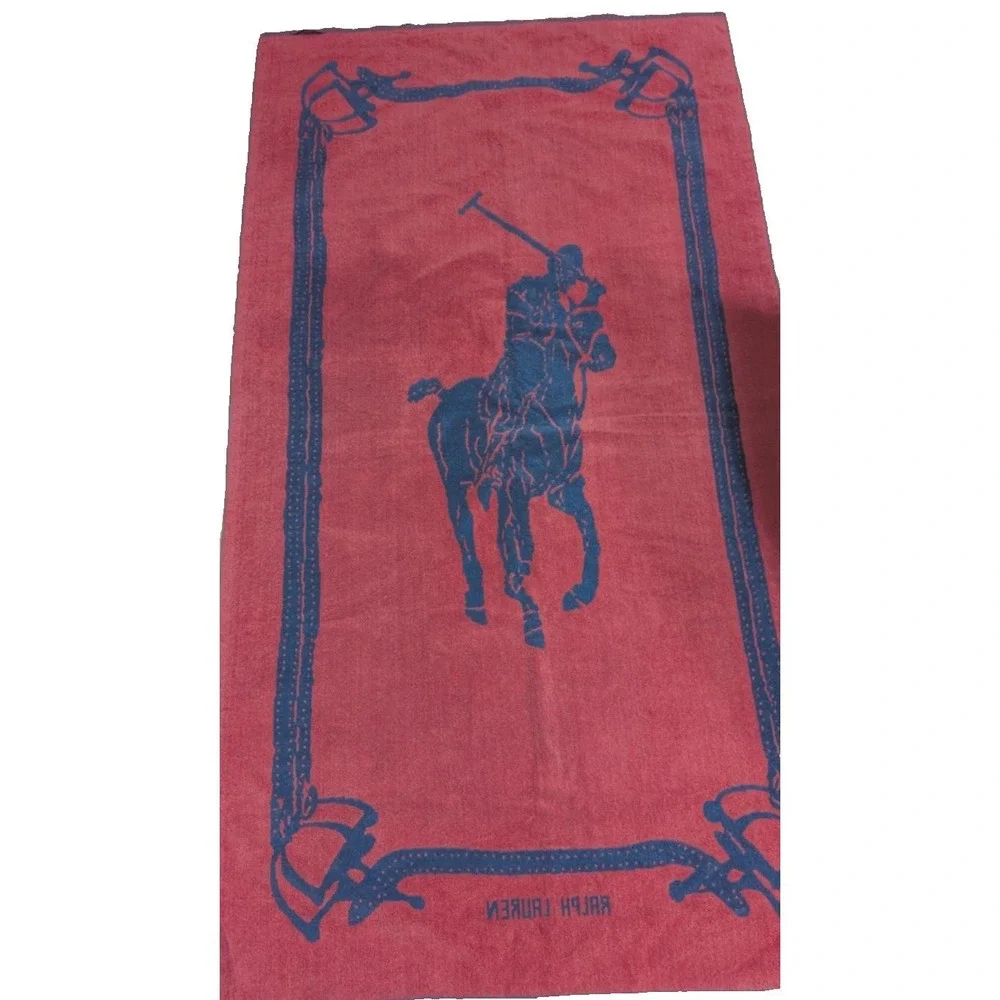 VINTAGE  Ralph Lauren Equestrian Beach Towel Polo Player on Horse  Red/Blue